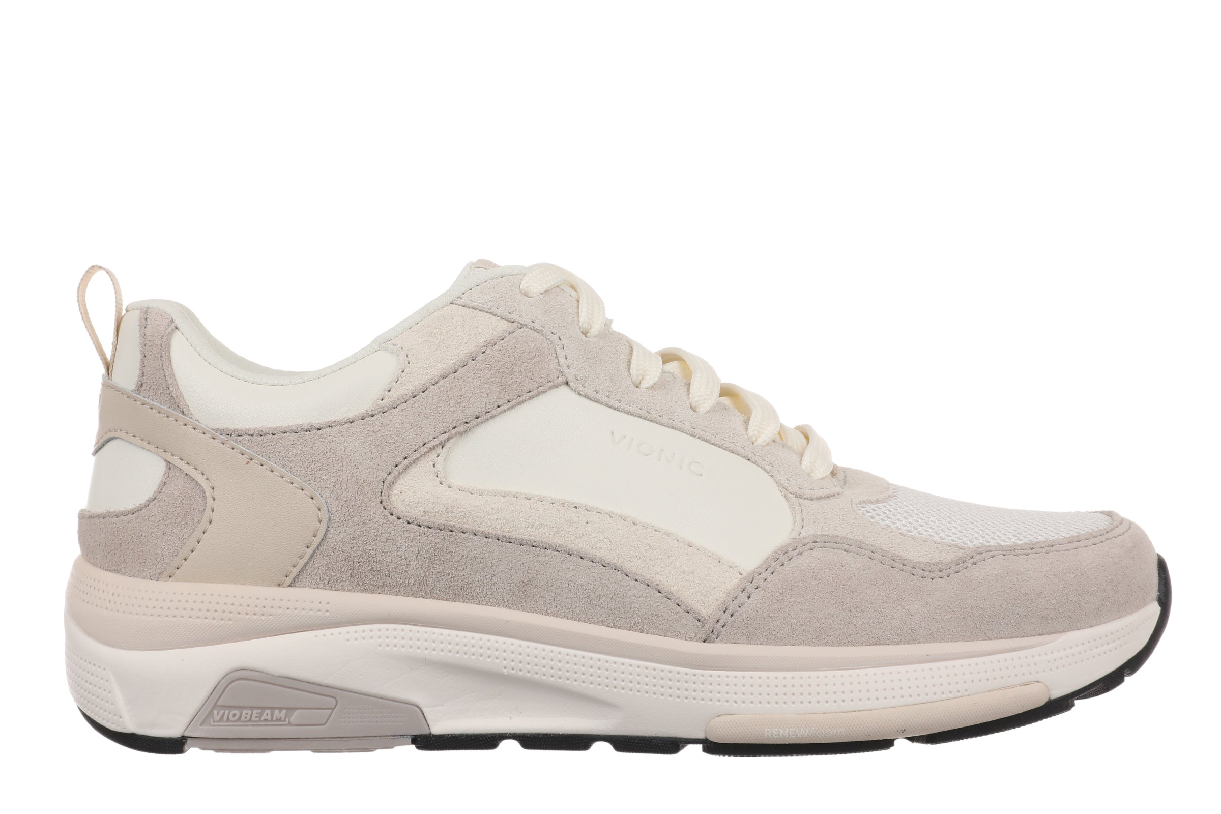 A low-top sneaker in light beige suede and cream mesh with cream laces and a thick cream midsole, shown from a side profile on a white background.