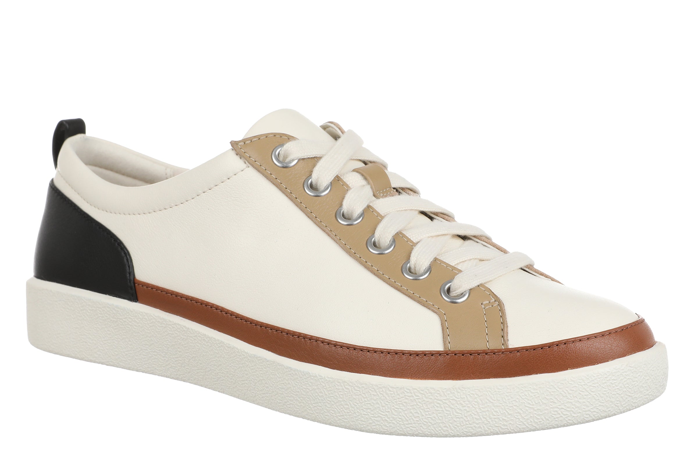A low-top sneaker with an off-white leather upper, beige side panels, a brown leather stripe, a black heel accent, and a thick off-white sole.