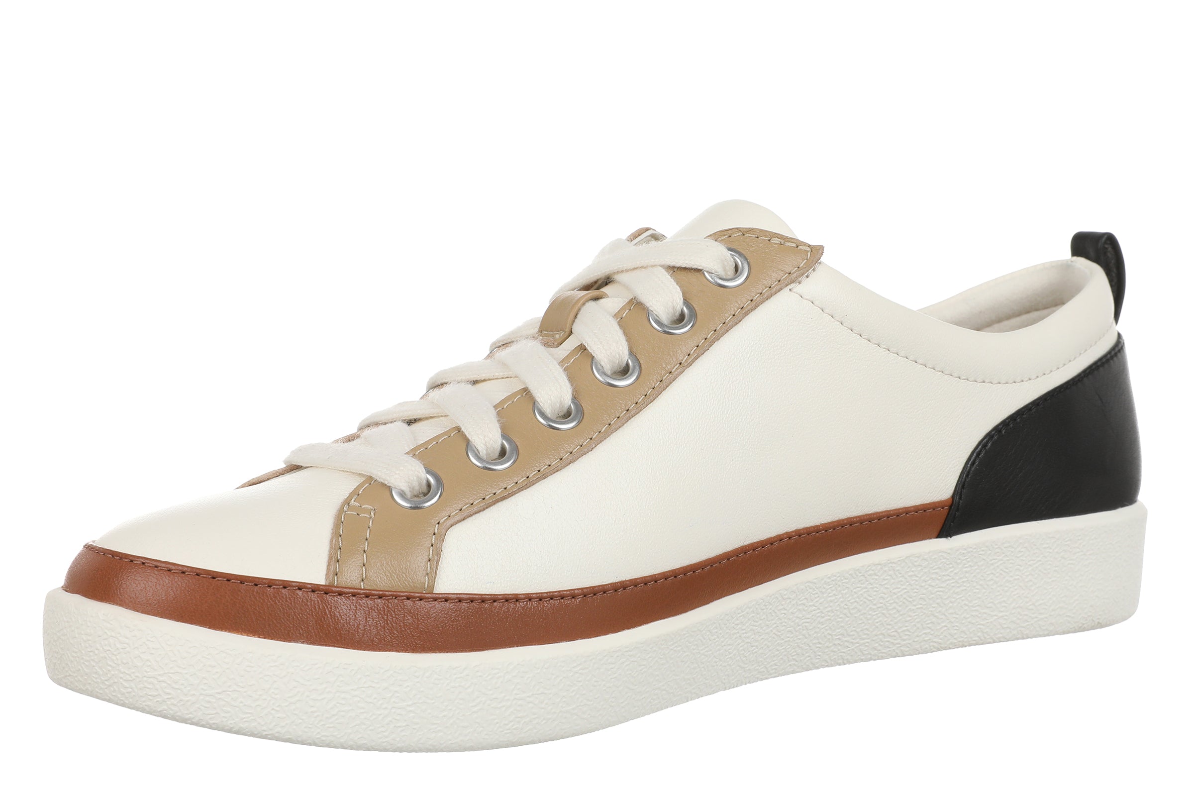 White sneaker with brown and black accents on a white background