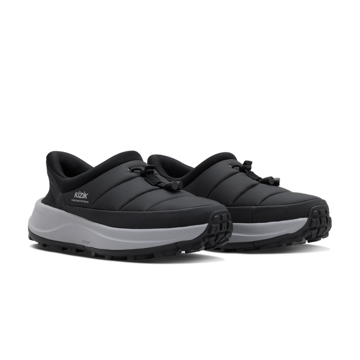 Black slip-on shoes with white sole on a transparent background