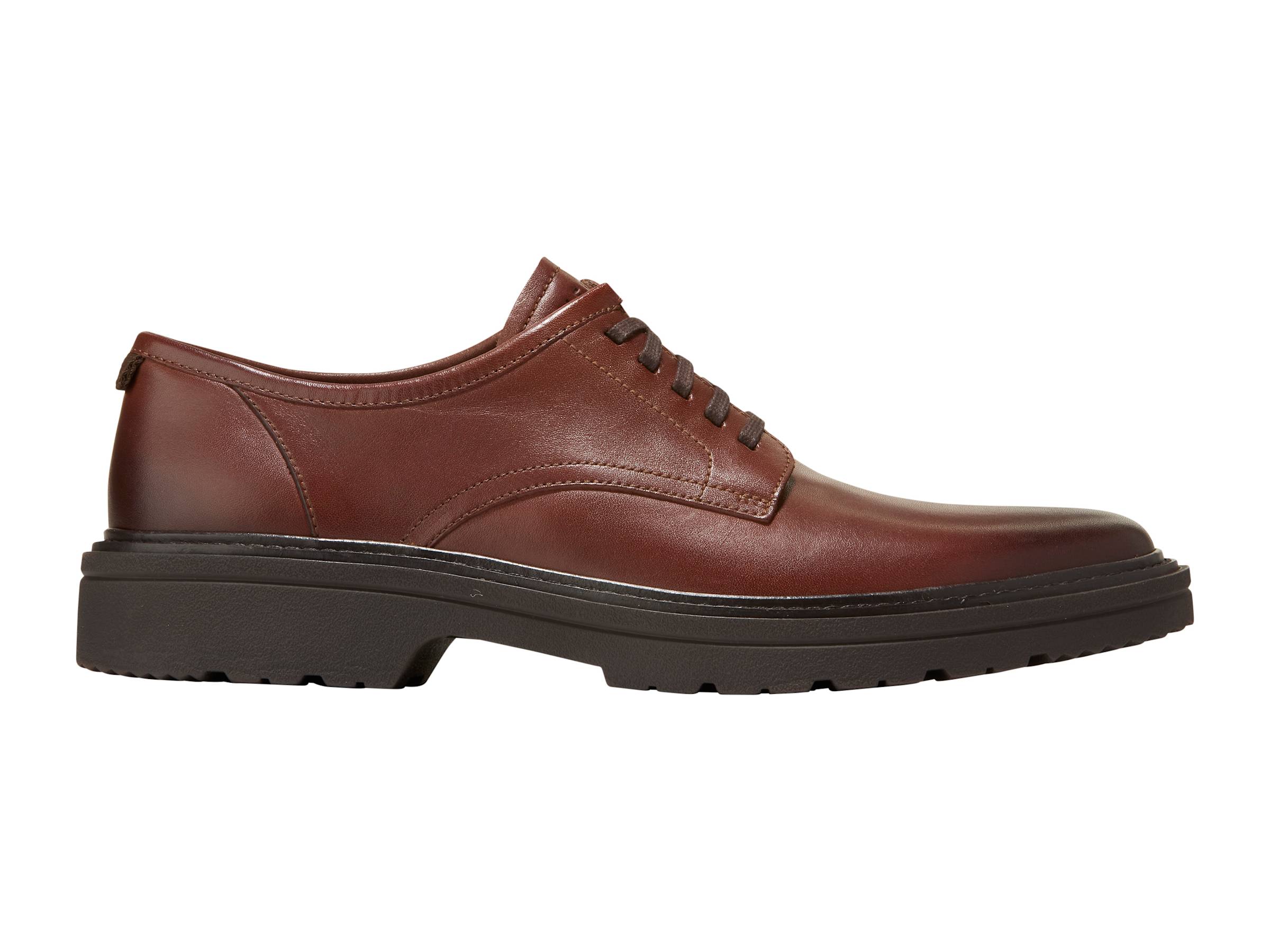 A brown leather lace-up oxford shoe with a dark brown sole, shown in a side profile view against a plain white background.