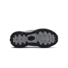Close-up of a shoe sole with tread pattern on a black background