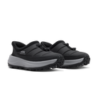Black slip-on shoes with white soles on a transparent background