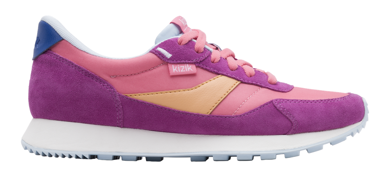 Multicolored sneaker with pink, purple, and blue accents on a white background