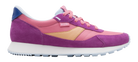 Multicolored sneaker with pink, purple, and blue accents on a white background