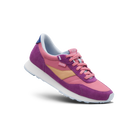 Multicolored sneaker with purple, pink, and yellow on a white background