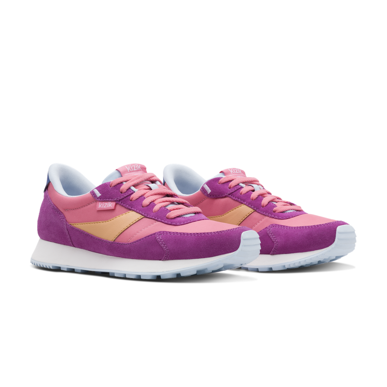 Pair of pink and purple sneakers on a white background