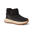 A black ankle-height winter boot with a thick beige midsole and a brown outsole, shown from a three-quarters angle on a white background.