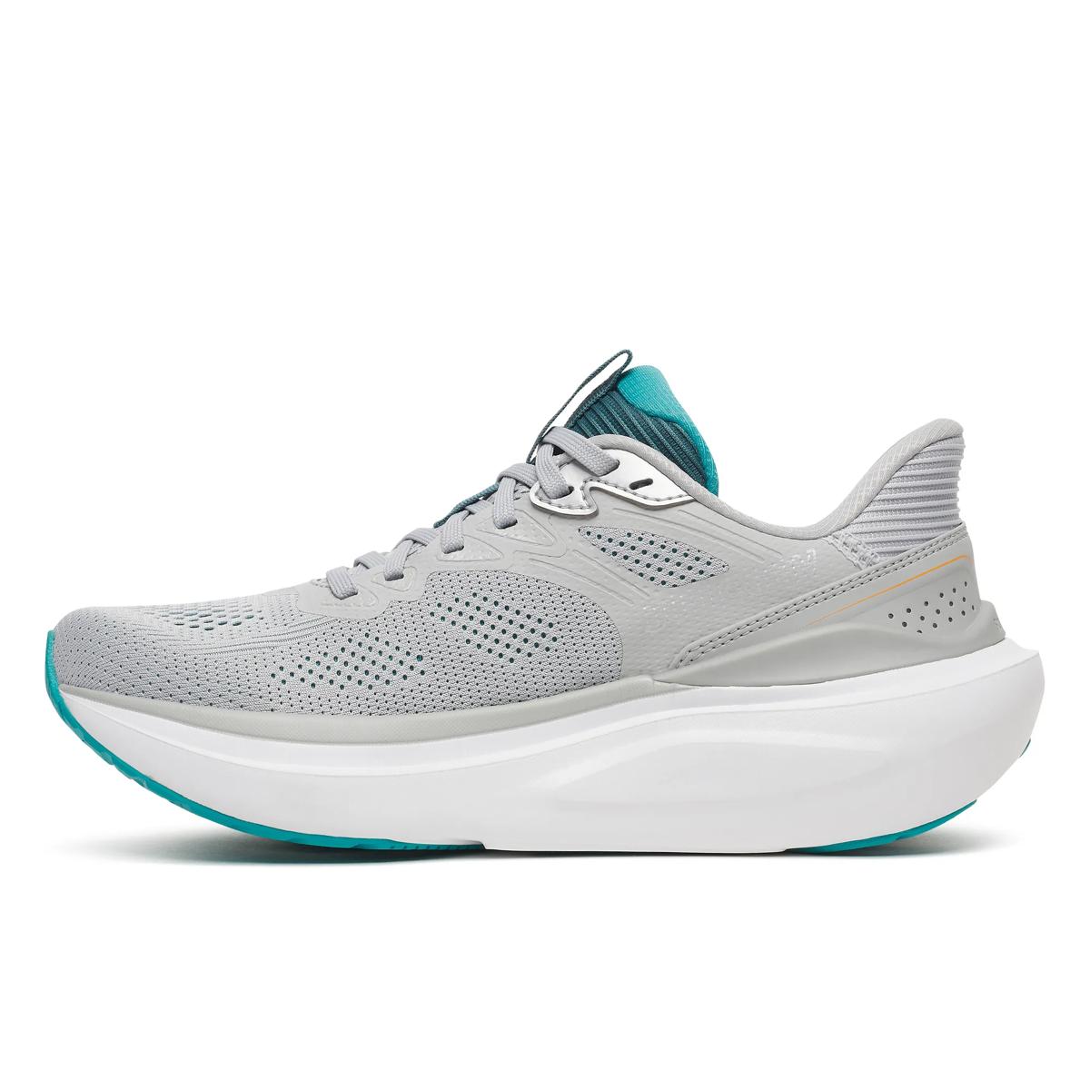 Gray running shoe with white sole on a white background