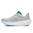 Gray running shoe with white sole on a white background