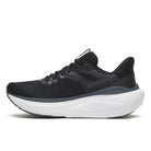 Black running shoe with white sole on a white background