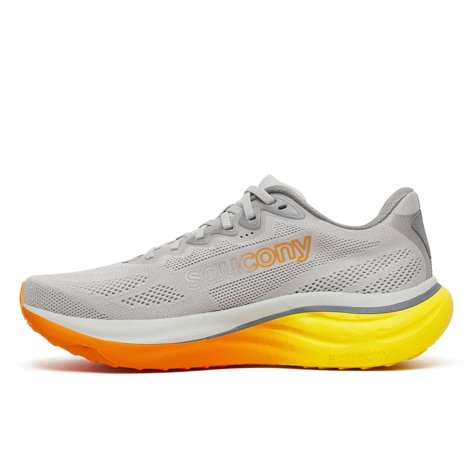 Gray running shoe with orange sole on a white background