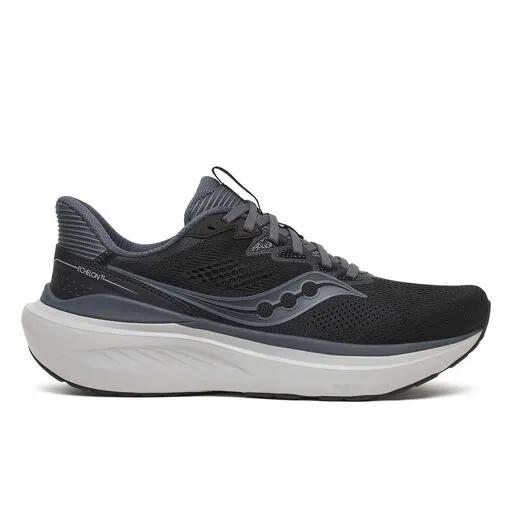 Black and gray running shoe with white sole on a white background