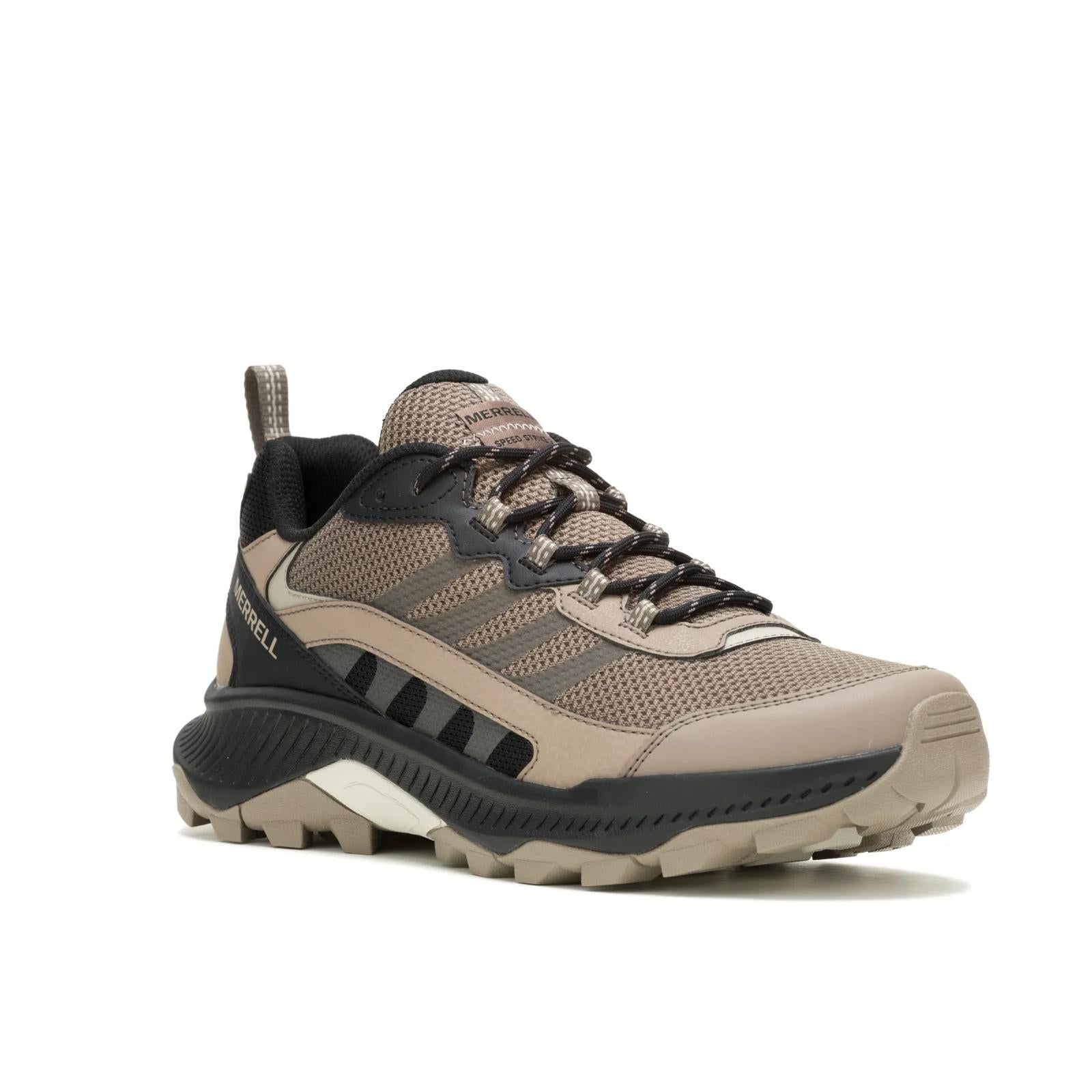 Brown hiking shoe with black accents on a white background