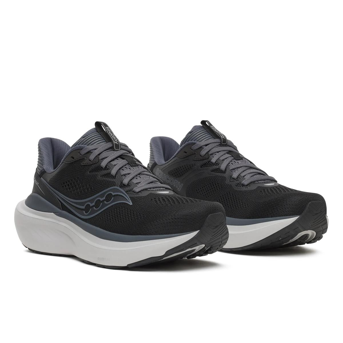Pair of black and gray running shoes on a white background