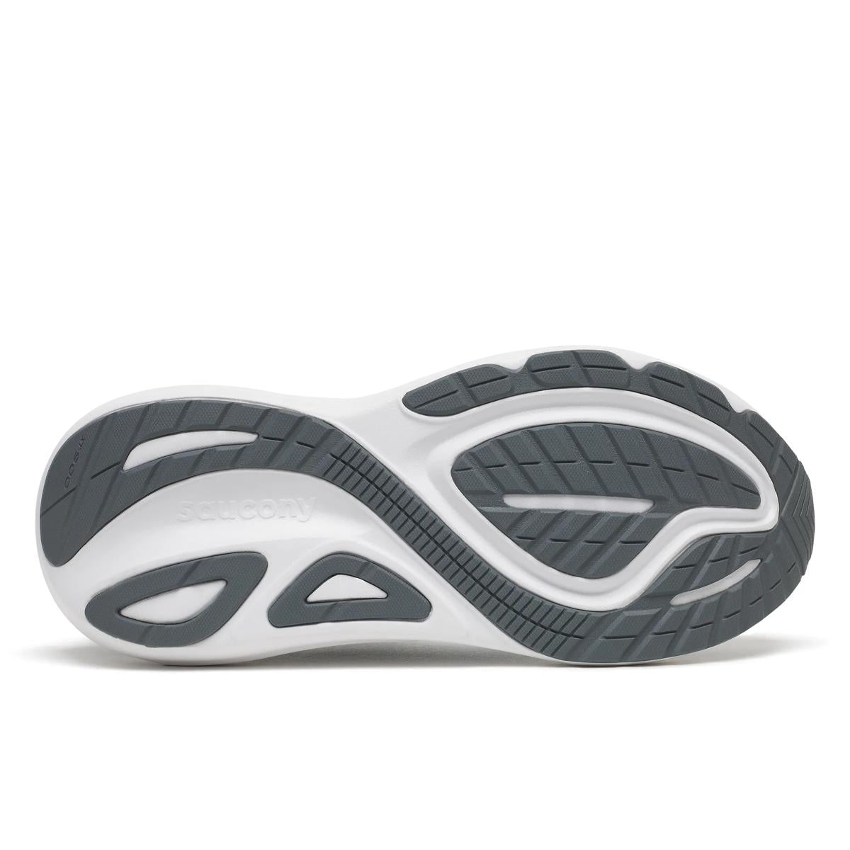 The outsole of a white and dark gray running shoe, showing the tread pattern and branding on a clean white background.