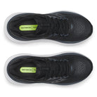 A pair of black running shoes shown from a top-down view on a white background, featuring a bright lime green insole label with the brand name 'Echelon'.