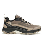 Brown hiking shoe with black sole on a white background