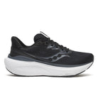 Black running shoe with white sole on a white background