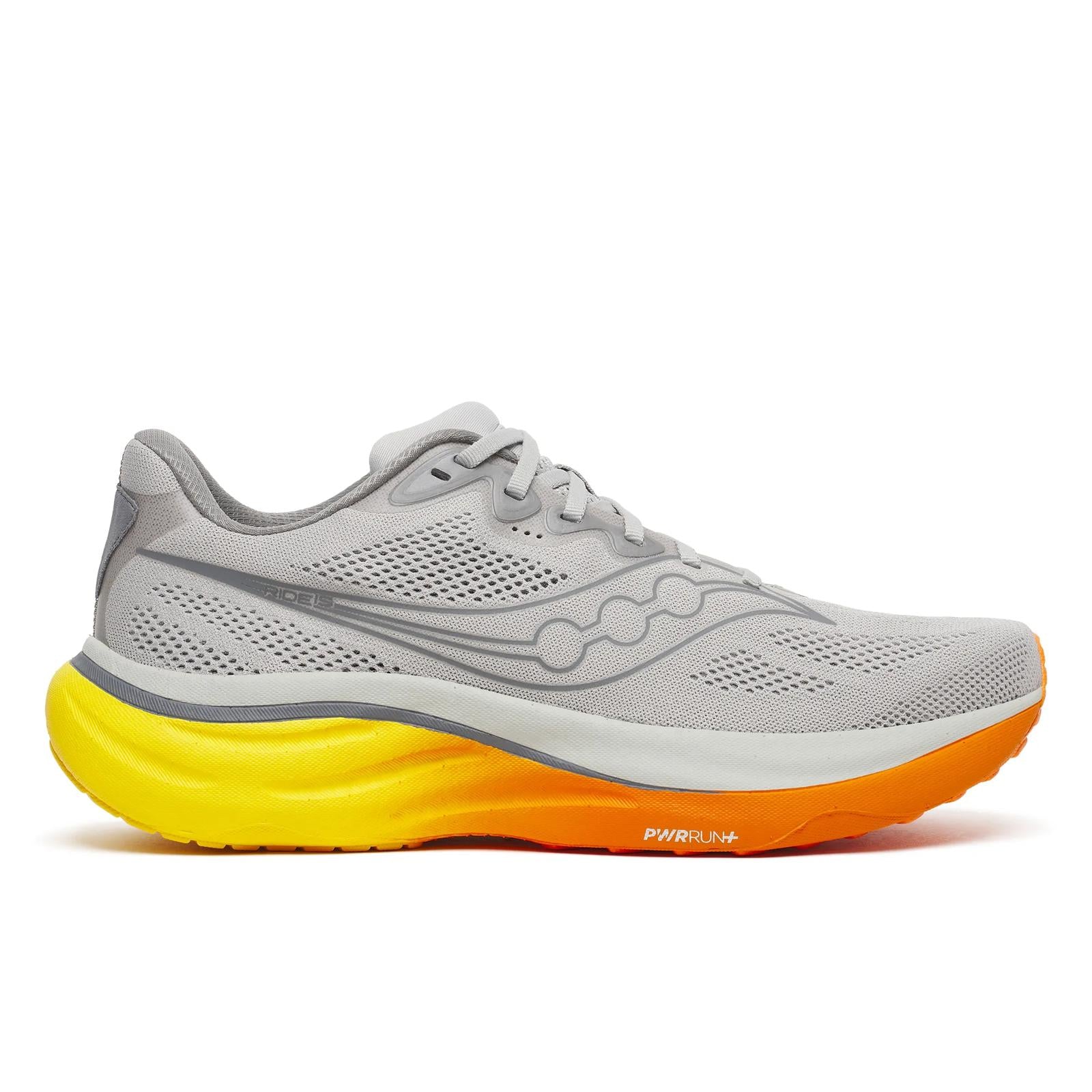 Gray running shoe with yellow sole on a white background