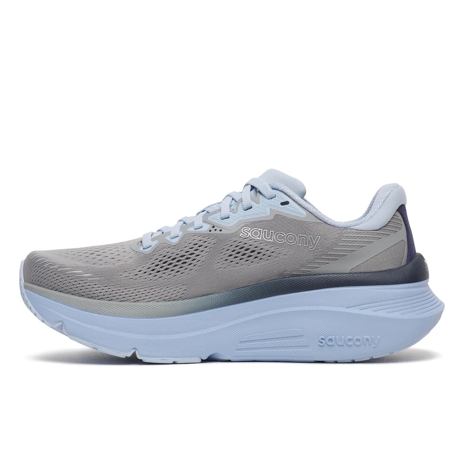 Gray running shoe with white sole on a white background