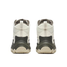 A pair of high-top sneakers shown from the back, featuring off-white mesh and synthetic panels, dark gray heel accents, and a beige and dark gray wavy sole.