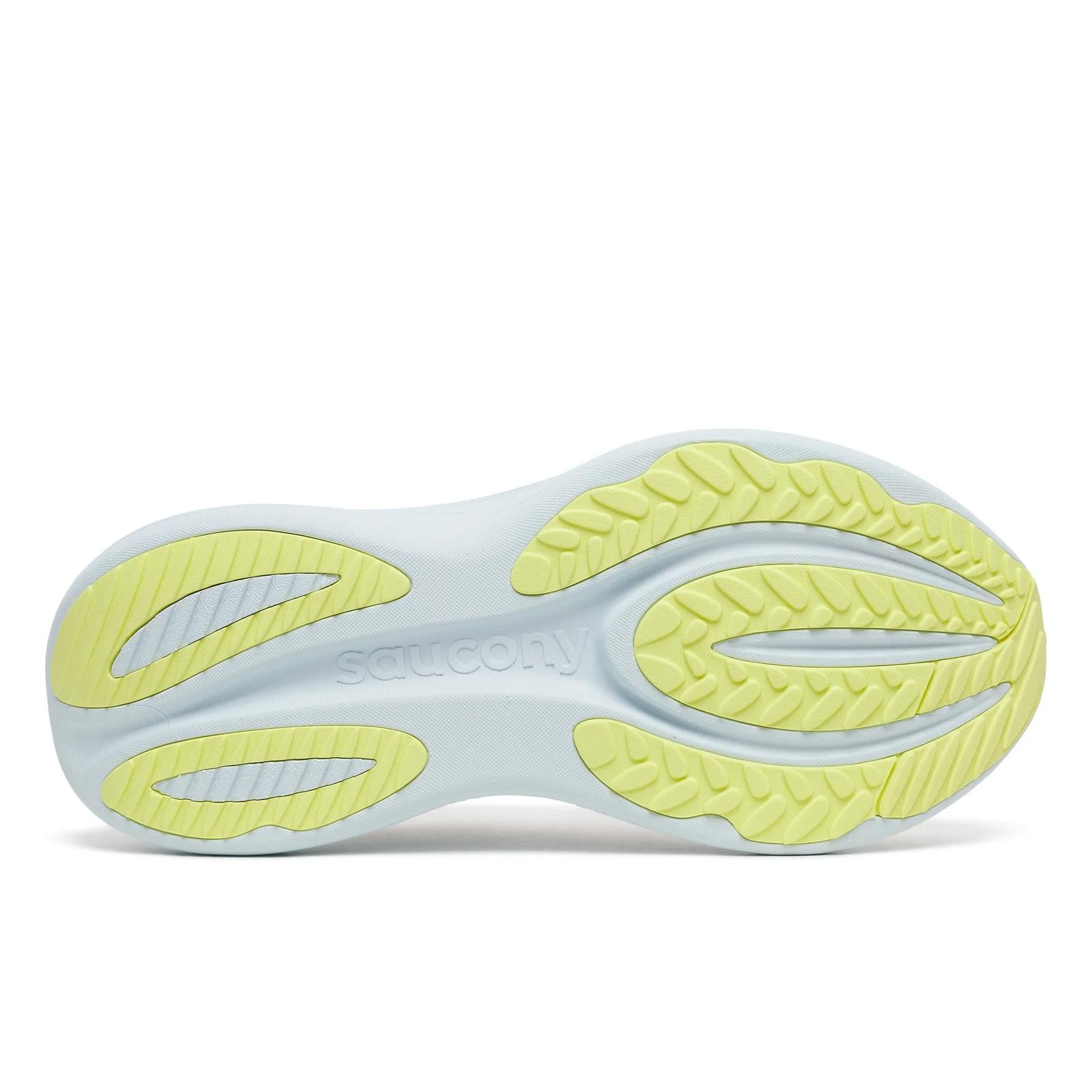Close-up of a running shoe sole with ' Saucony' branding on a white background