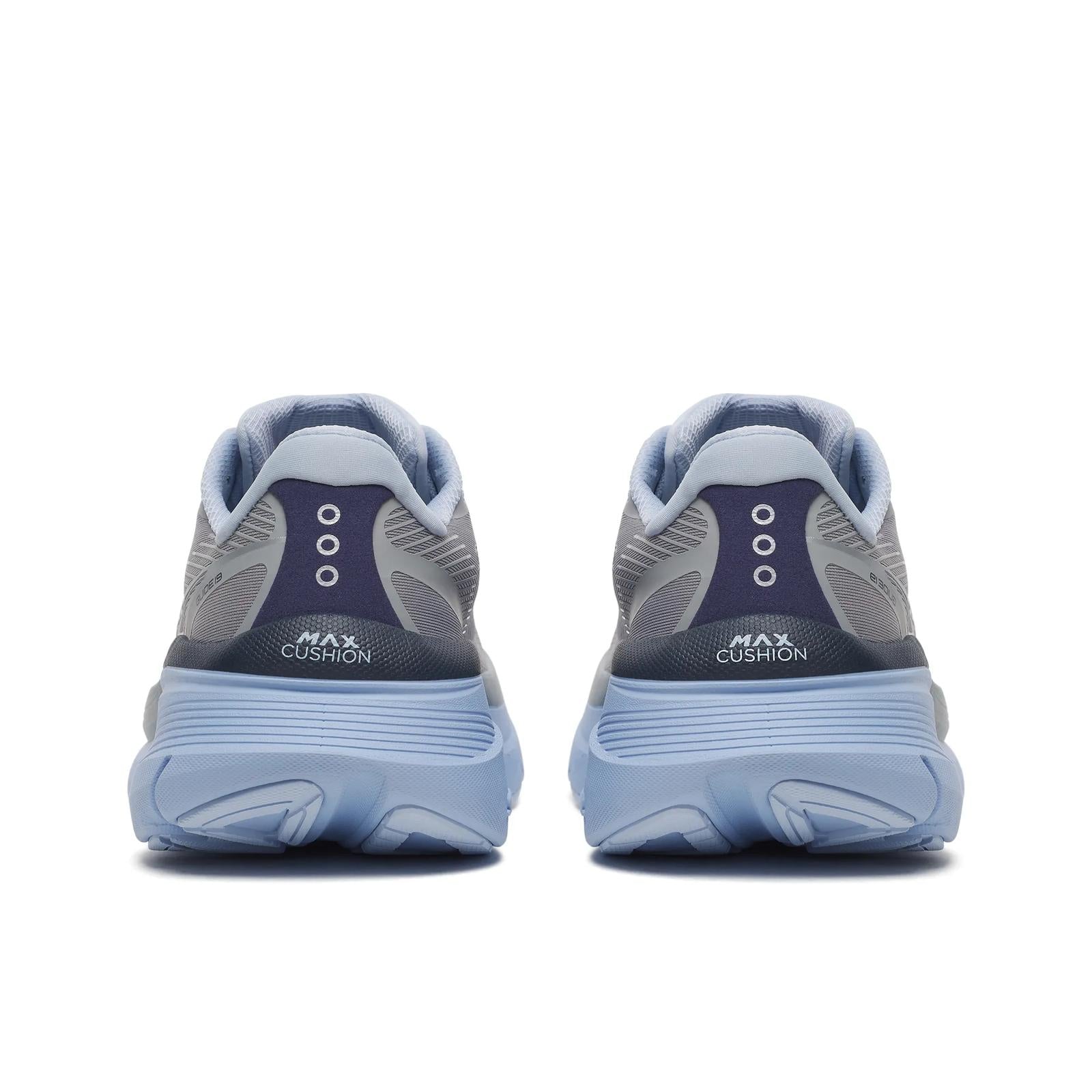 Back view of gray and blue running shoes with 'Max Cushion' text on a white background
