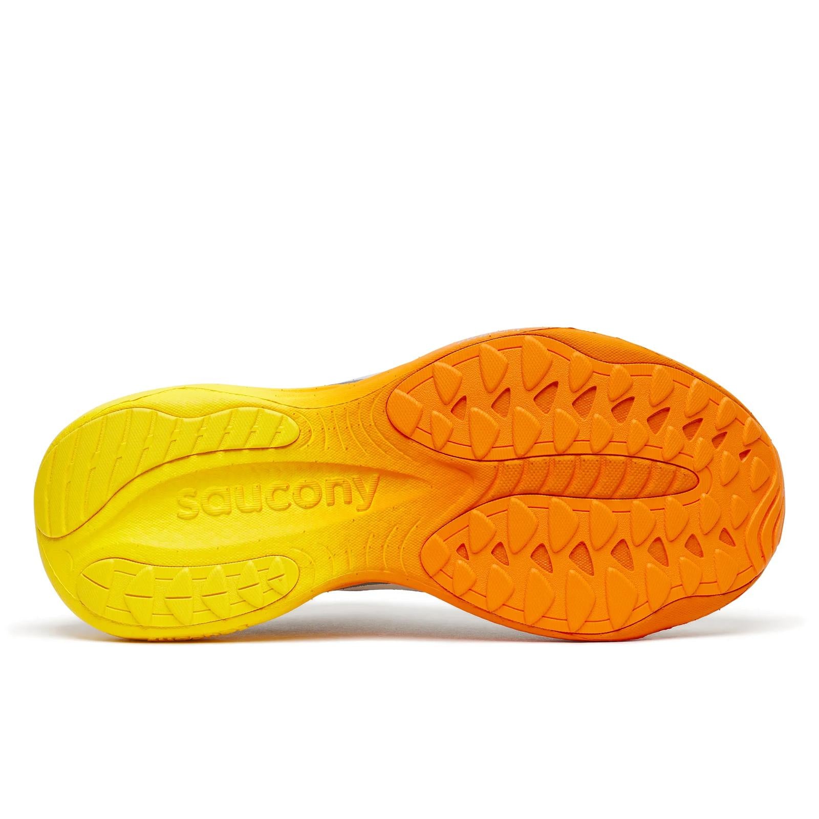 Orange and yellow sole of a shoe with 'Saucony' branding on a white background