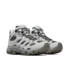 Pair of gray hiking boots with visible brand name on a white background