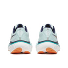 Light blue running shoes with orange accents on a white background