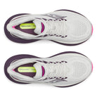 White running shoes with purple accents on a white background