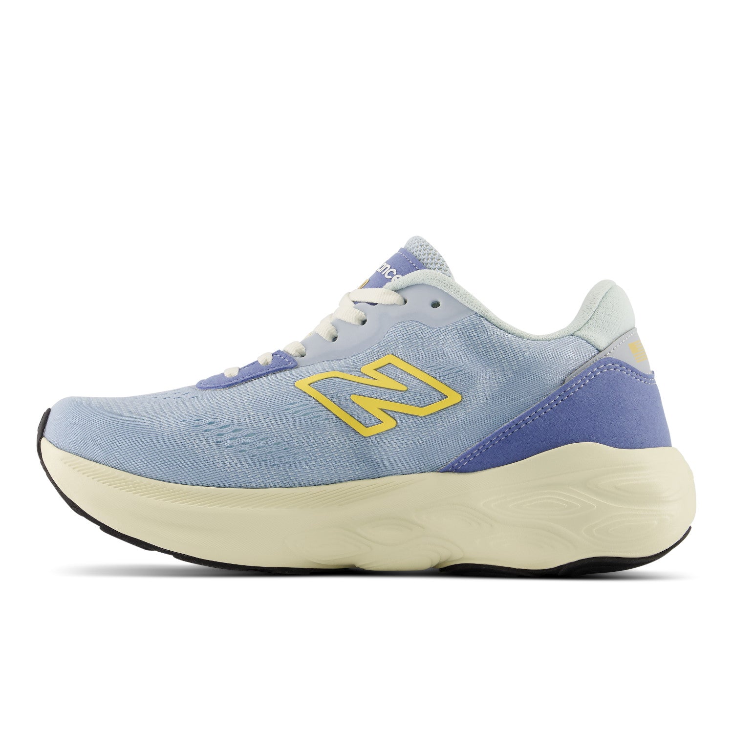 A New Balance running shoe in light blue and purple with a yellow 'N' logo and a cream-colored midsole, shown from a side profile on a white background.