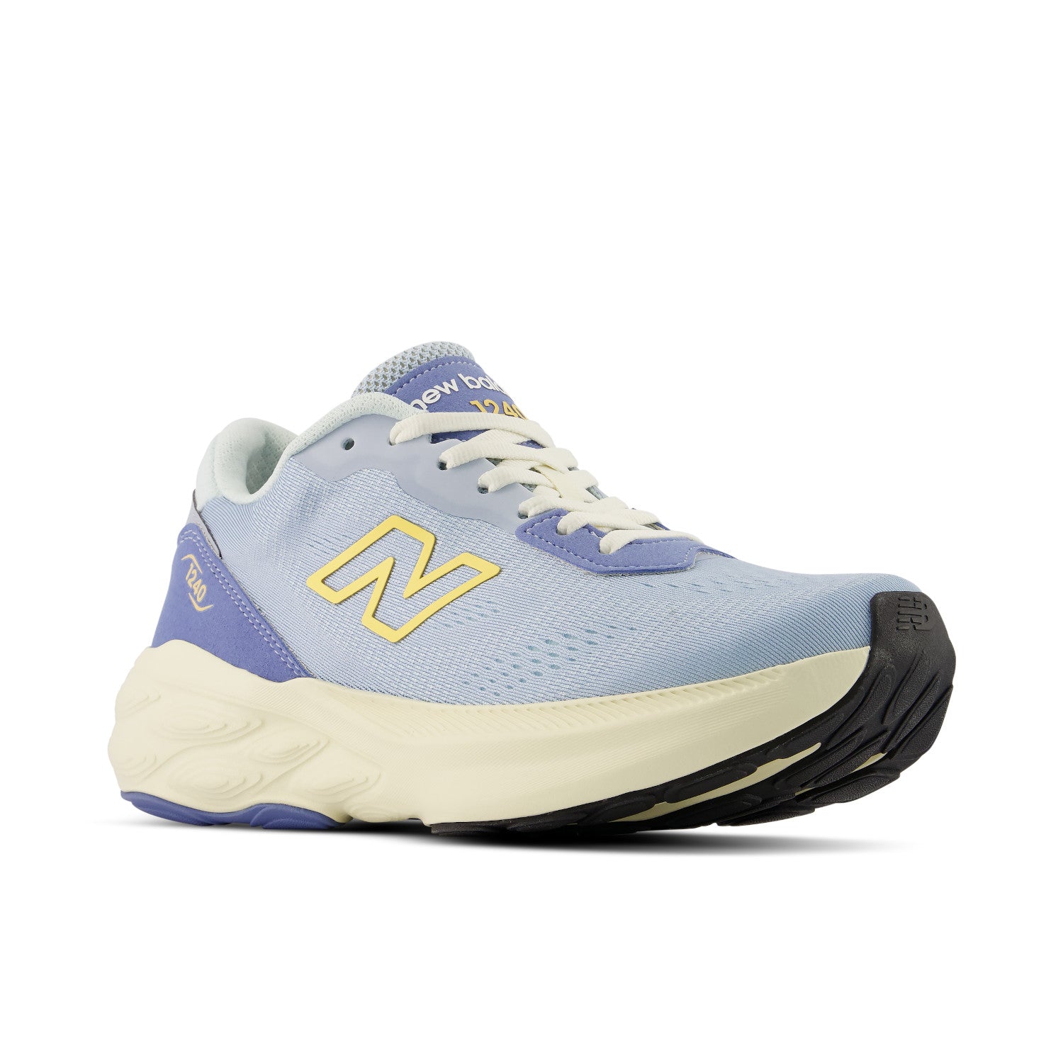 A New Balance running shoe in light blue and lavender purple with a cream midsole and a yellow 'N' logo, shown against a plain white background.