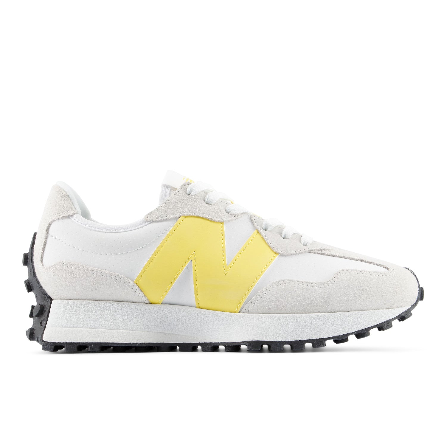 White sneaker with a yellow logo on a white background