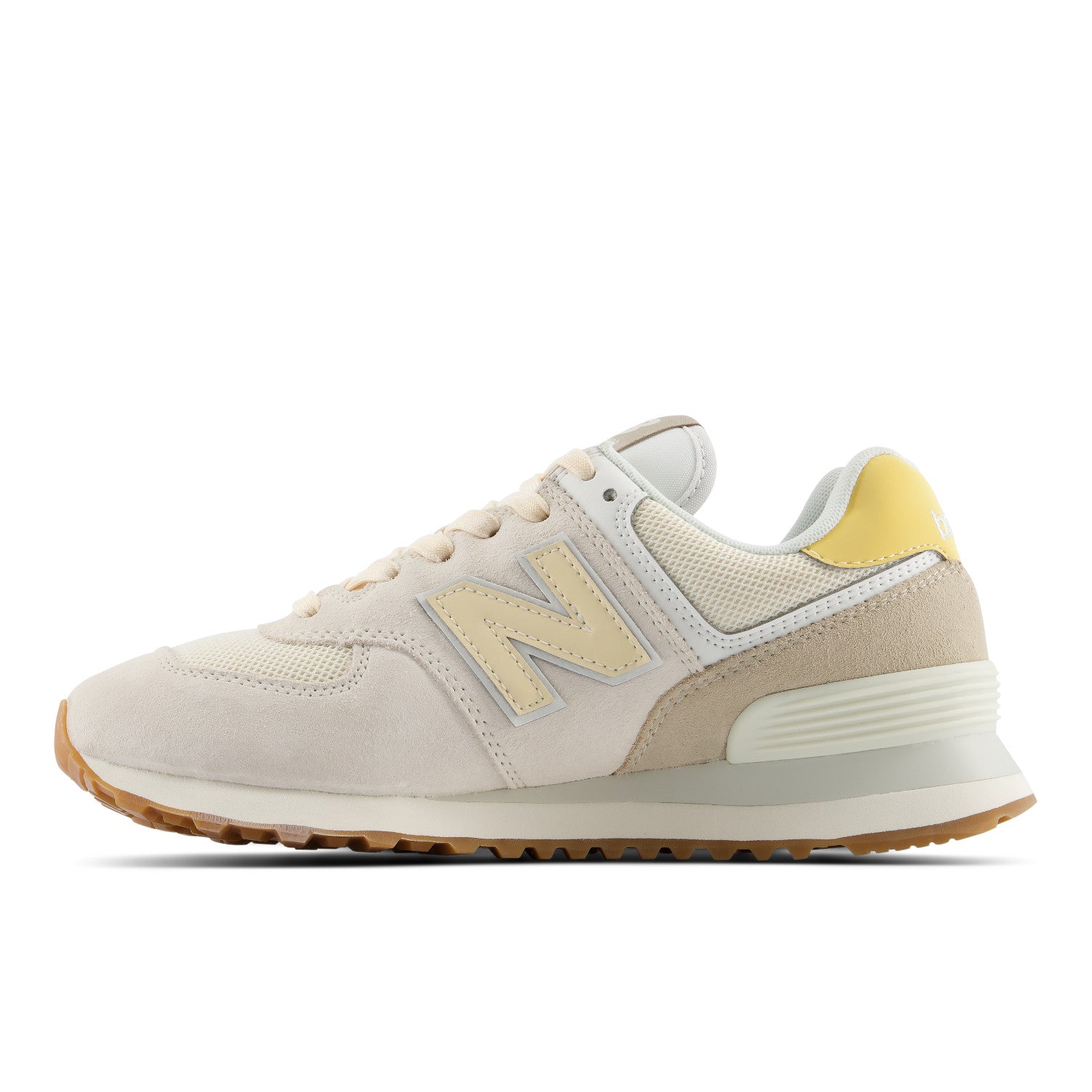Beige sneaker with brown sole on a white background
