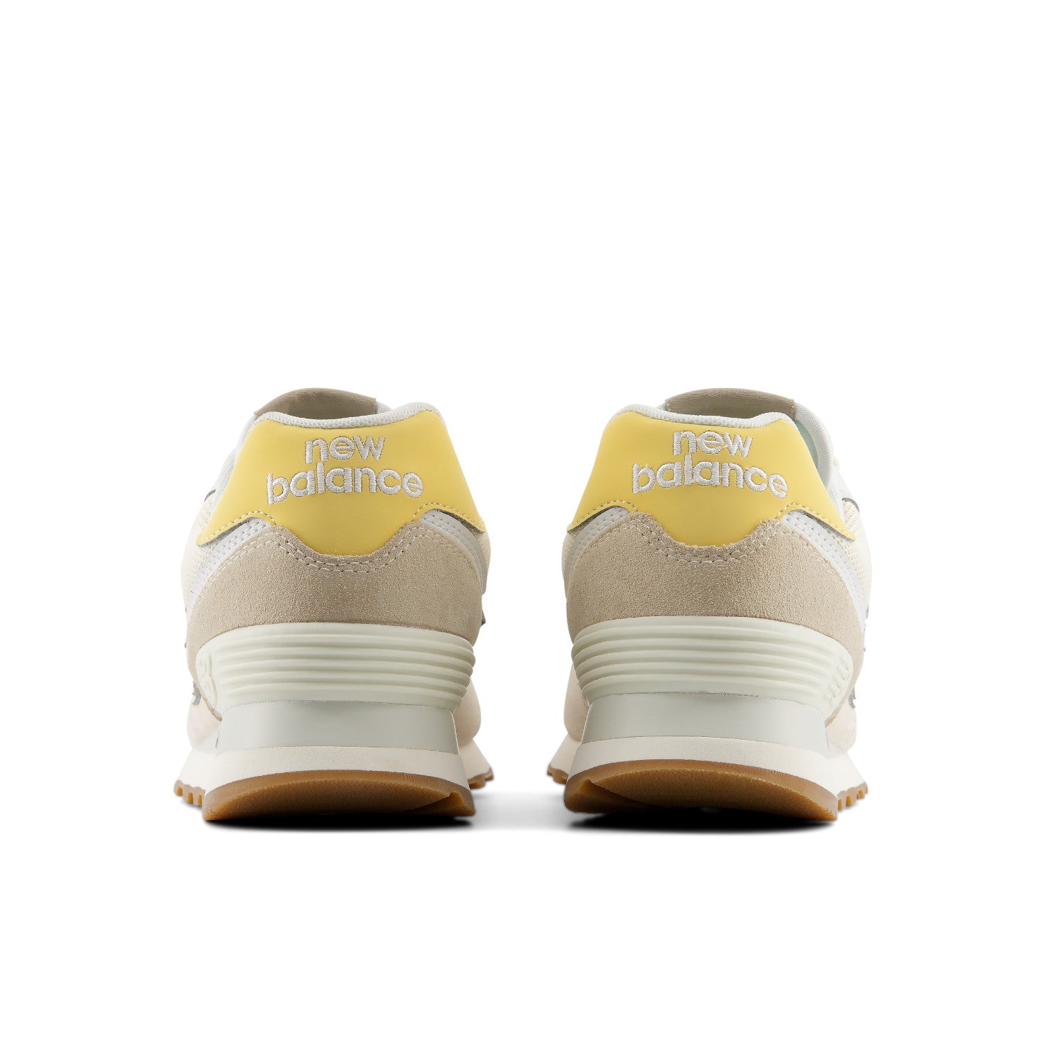 Pair of New Balance sneakers shown from the back on a white background