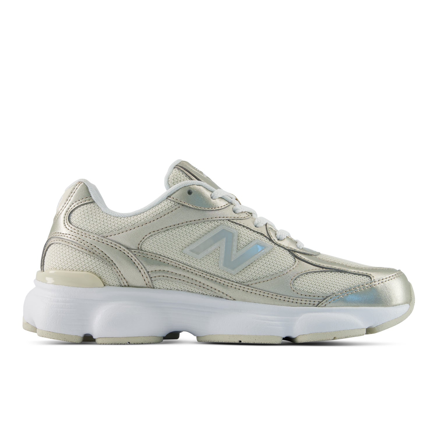 Silver sneaker with New Balance logo on a white background
