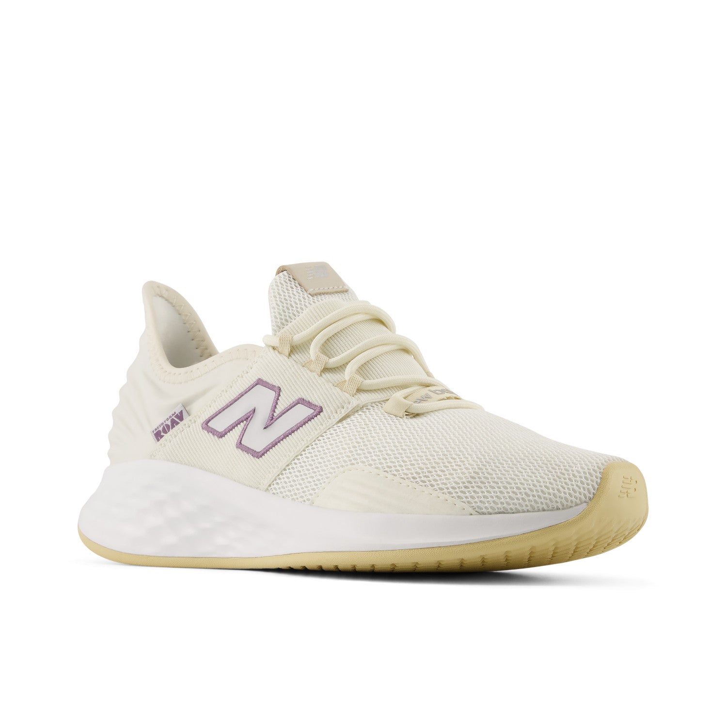 White sneaker with a purple 'N' logo on a white background