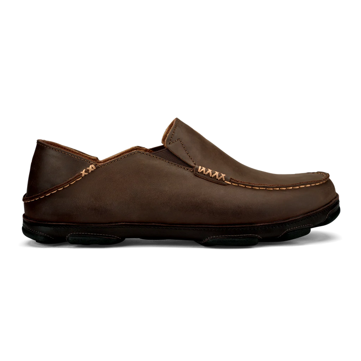 Men's Olukai Moloa Leather Slip-On Shoes Color: Dark Wood / Dark Java