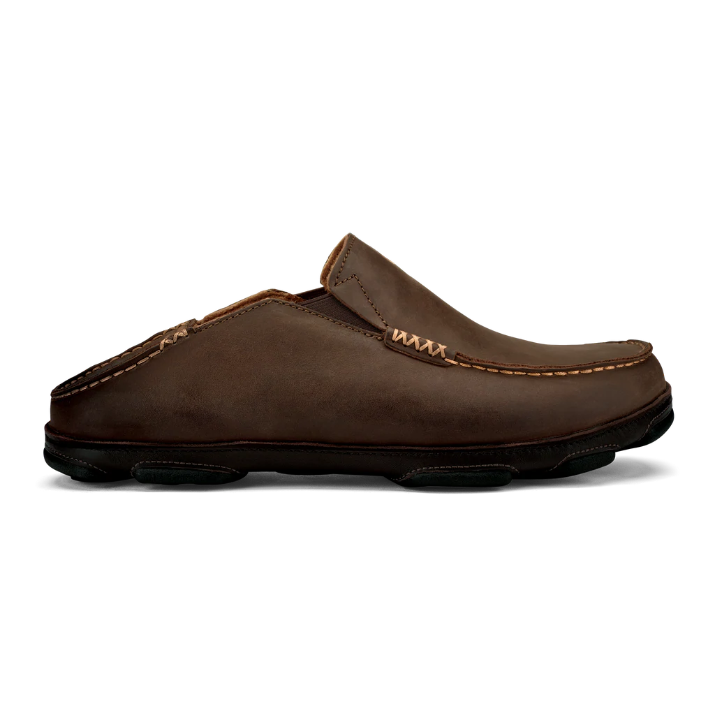 Men's Olukai Moloa Leather Slip-On Shoes Color: Dark Wood / Dark Java