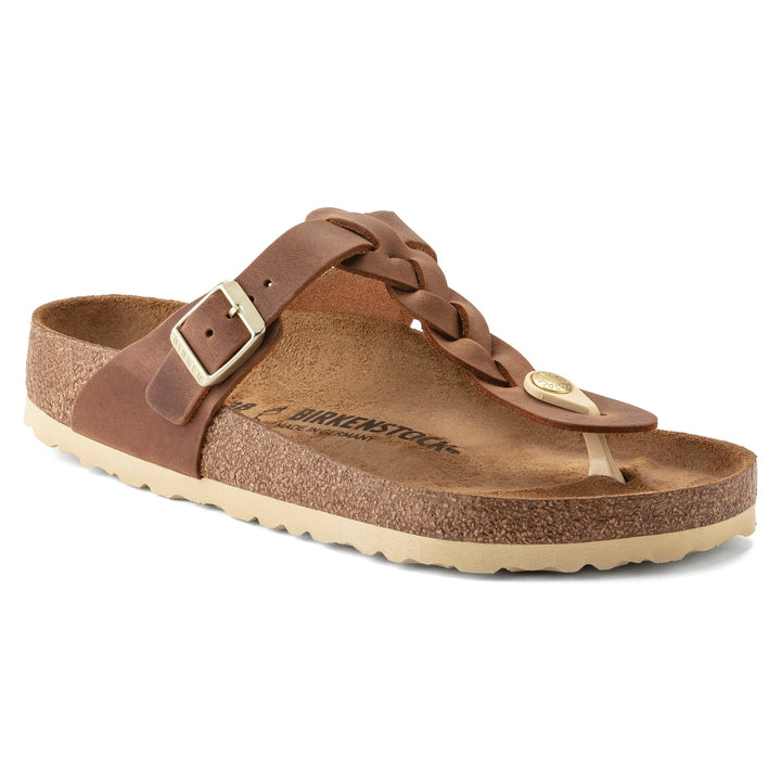 Women's Birkenstock Gizeh Braided Oiled Leather Color: Cognac