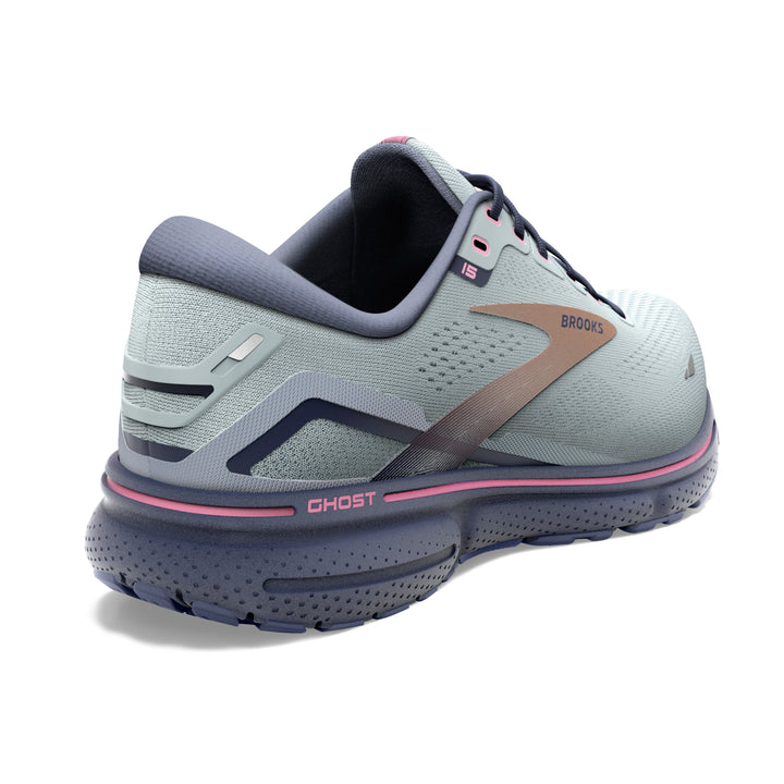 Women's Brooks Ghost 15 Color: Spa Blue/Neo Pink/ Copper (WIDE WIDTH)