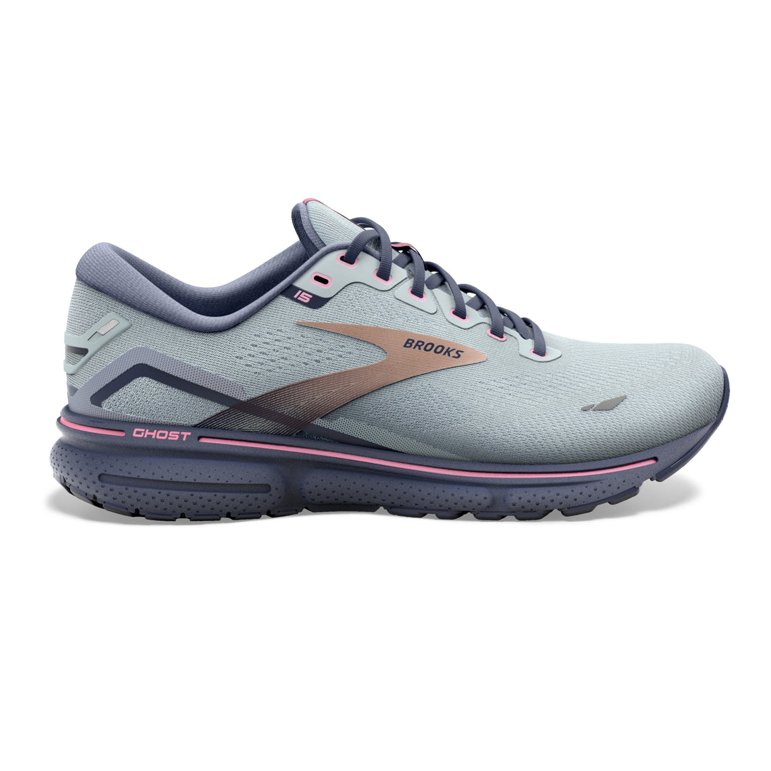 Women's Brooks Ghost 15 Color: Spa Blue/Neo Pink/ Copper (WIDE WIDTH)