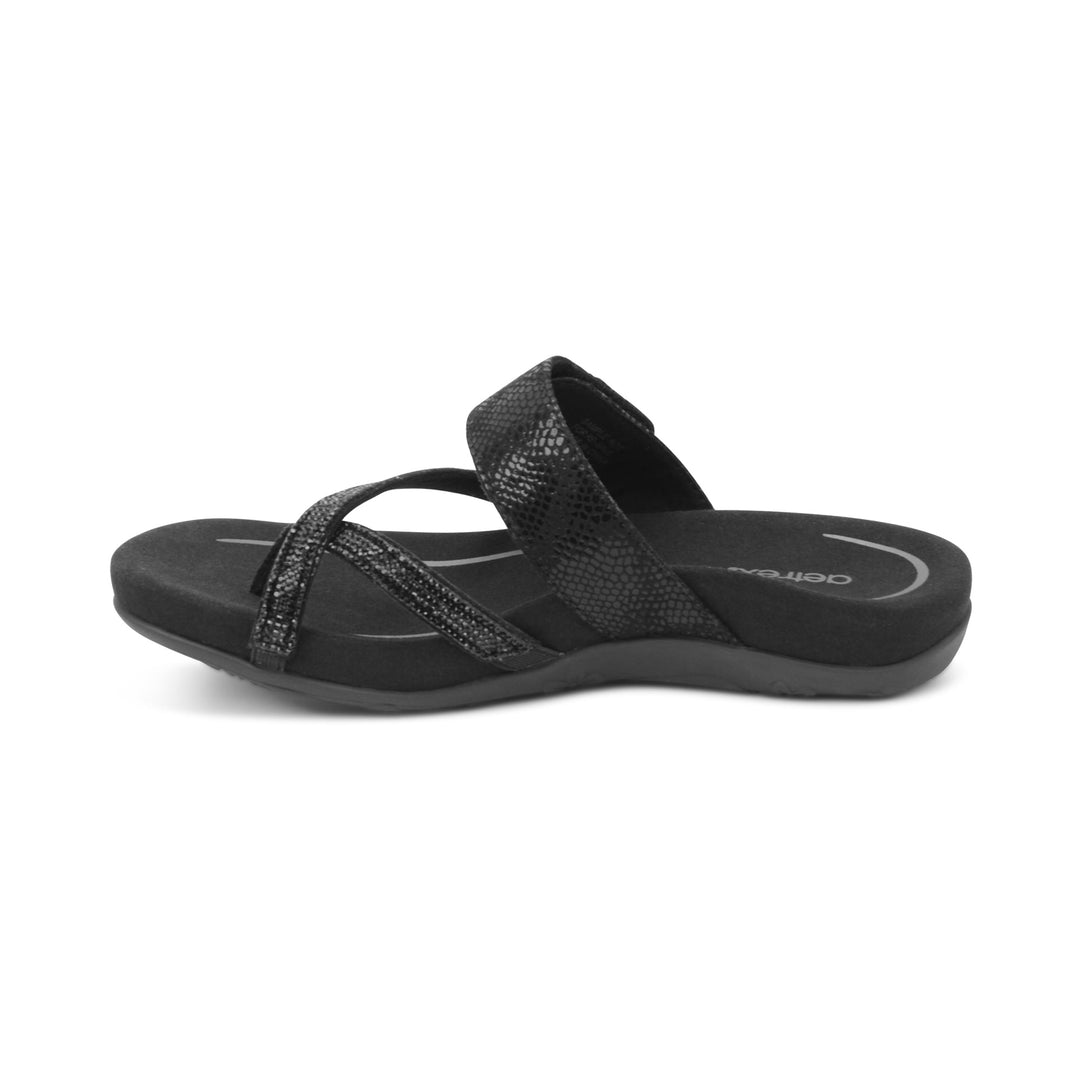 Women's Aetrex Izzy Adjustable Slide Sandal Color: Black Sparkle