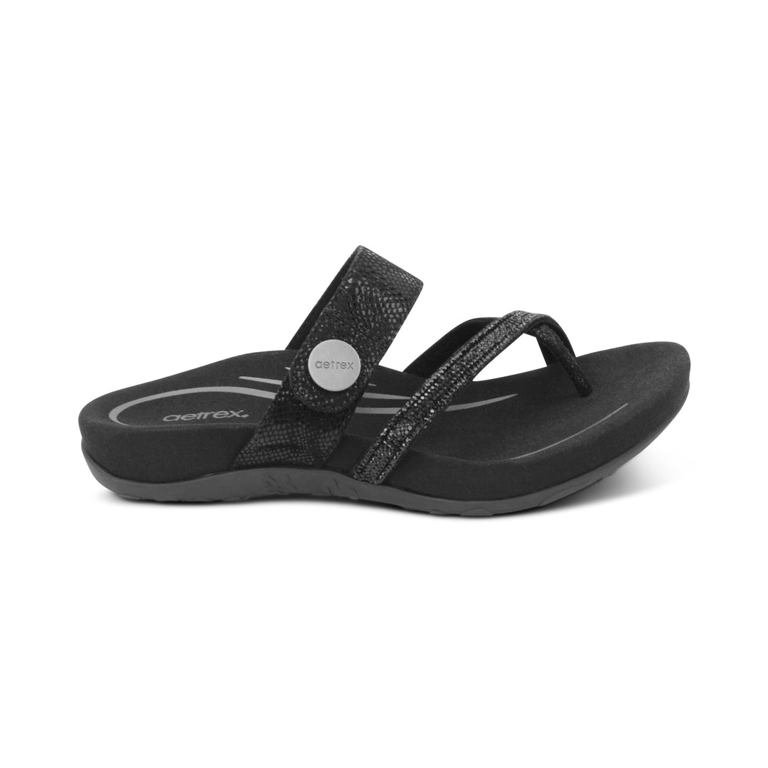 Women's Aetrex Izzy Adjustable Slide Sandal Color: Black Sparkle