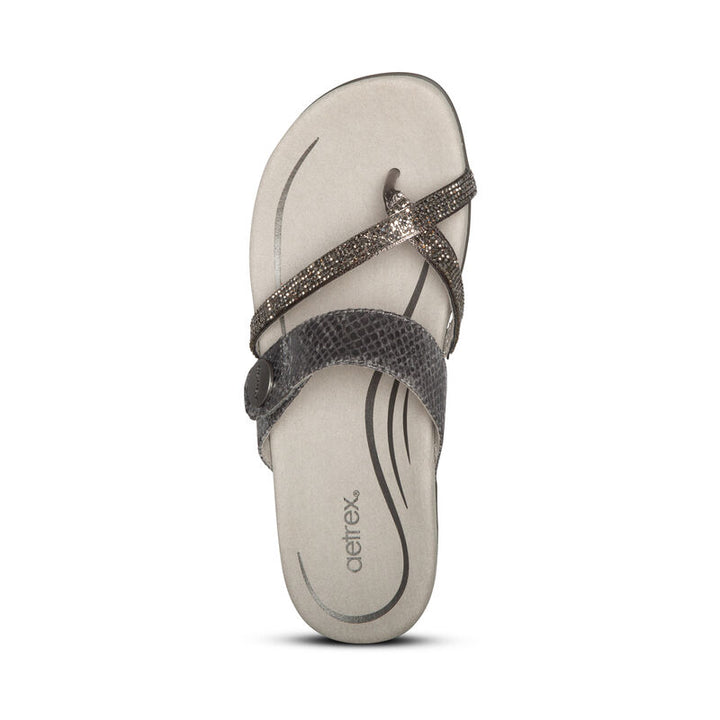 Women's Aetrex Izzy Adjustable Slide Sandal Color: Pewter Sparkle