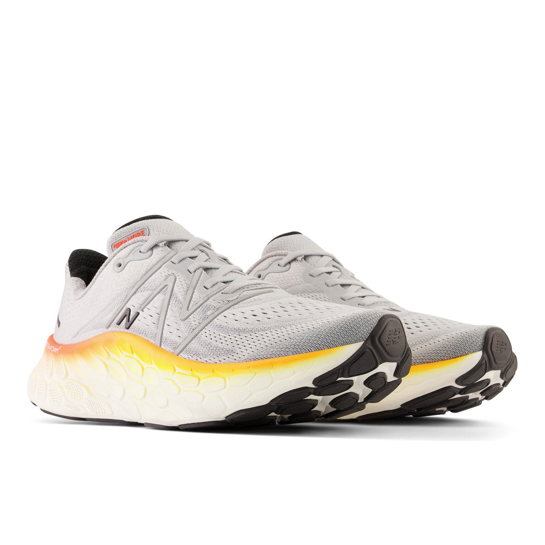 Men's New Balance Fresh Foam X More v4 Color: Aluminum Grey with Neon Dragonfly and Hot Marigold 